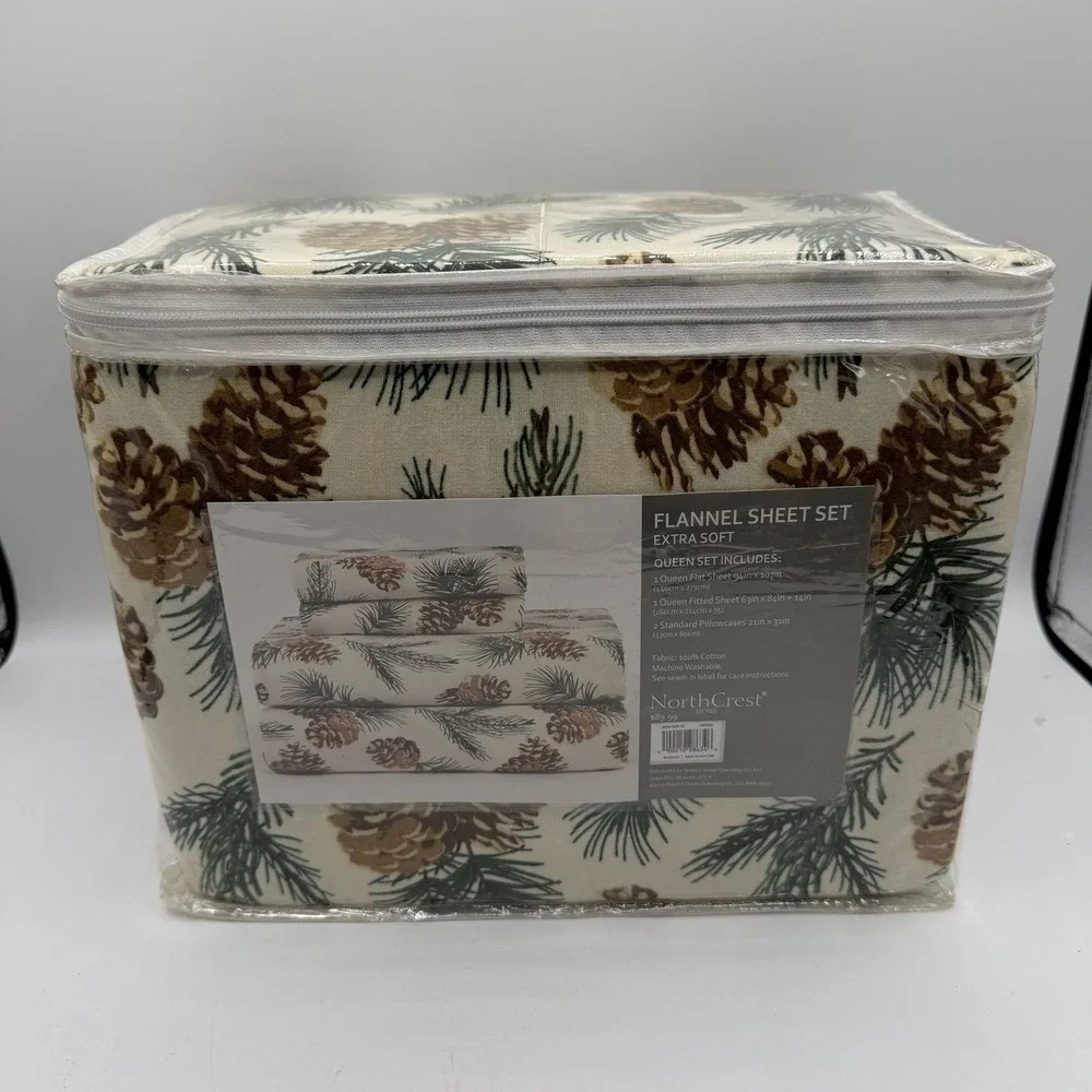 North Crest Home Flannel Sheet Set QUEEN Extra Soft Pine Cones Trees NEW